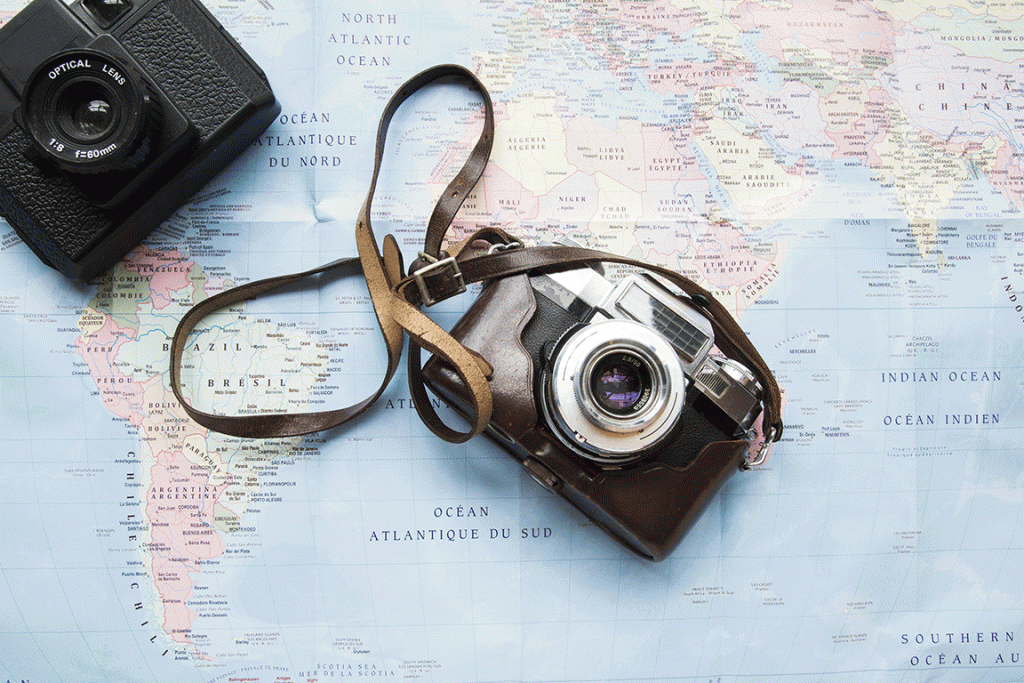 camera on a map of the world